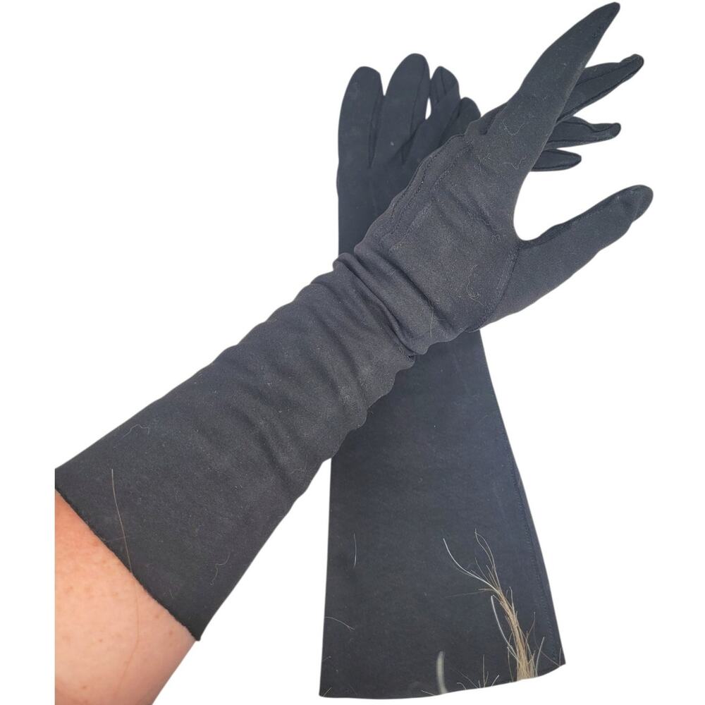 Vintage Crescendoe Black Cotton Opera Gloves Elbow Length 1950s Coquette Whimsy